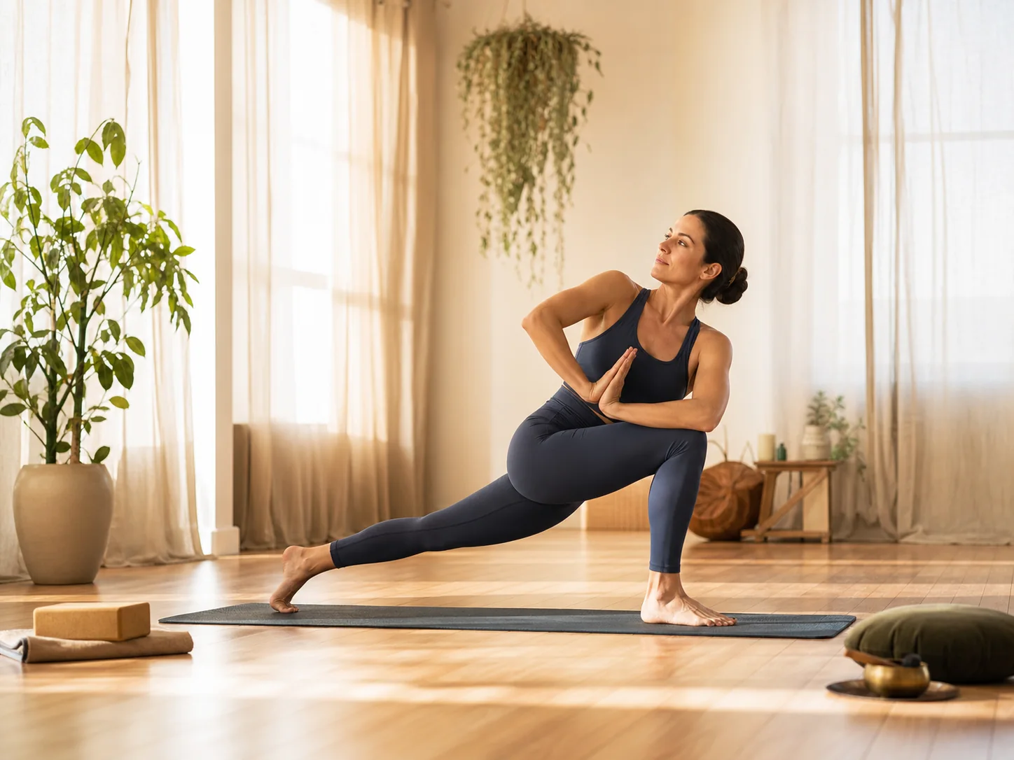 Yogalehrerin in einem hellen Studio mit Holzboden und Pflanzen
